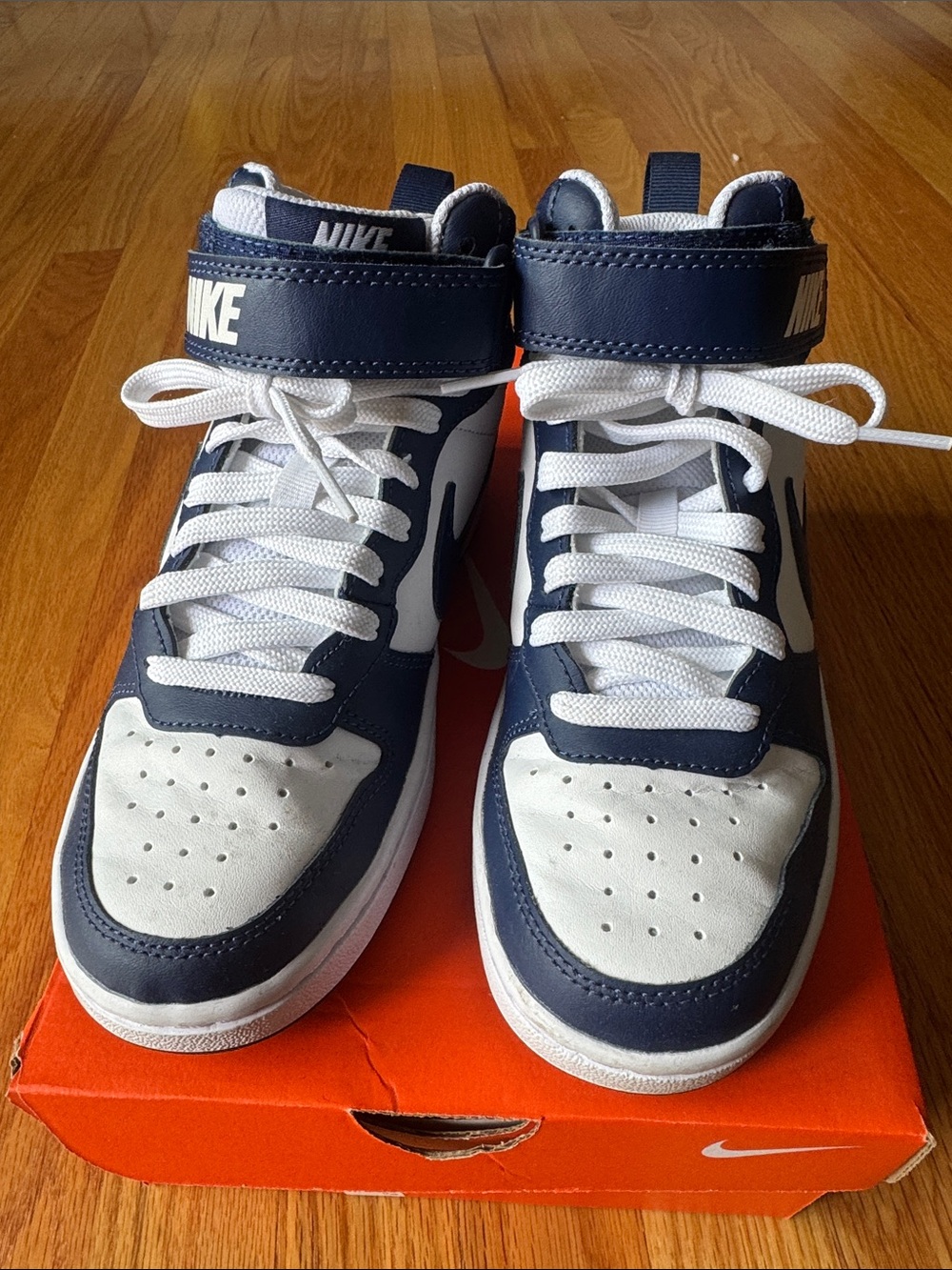 Nike Kids Navy and White High-Top Sneakers with Strap